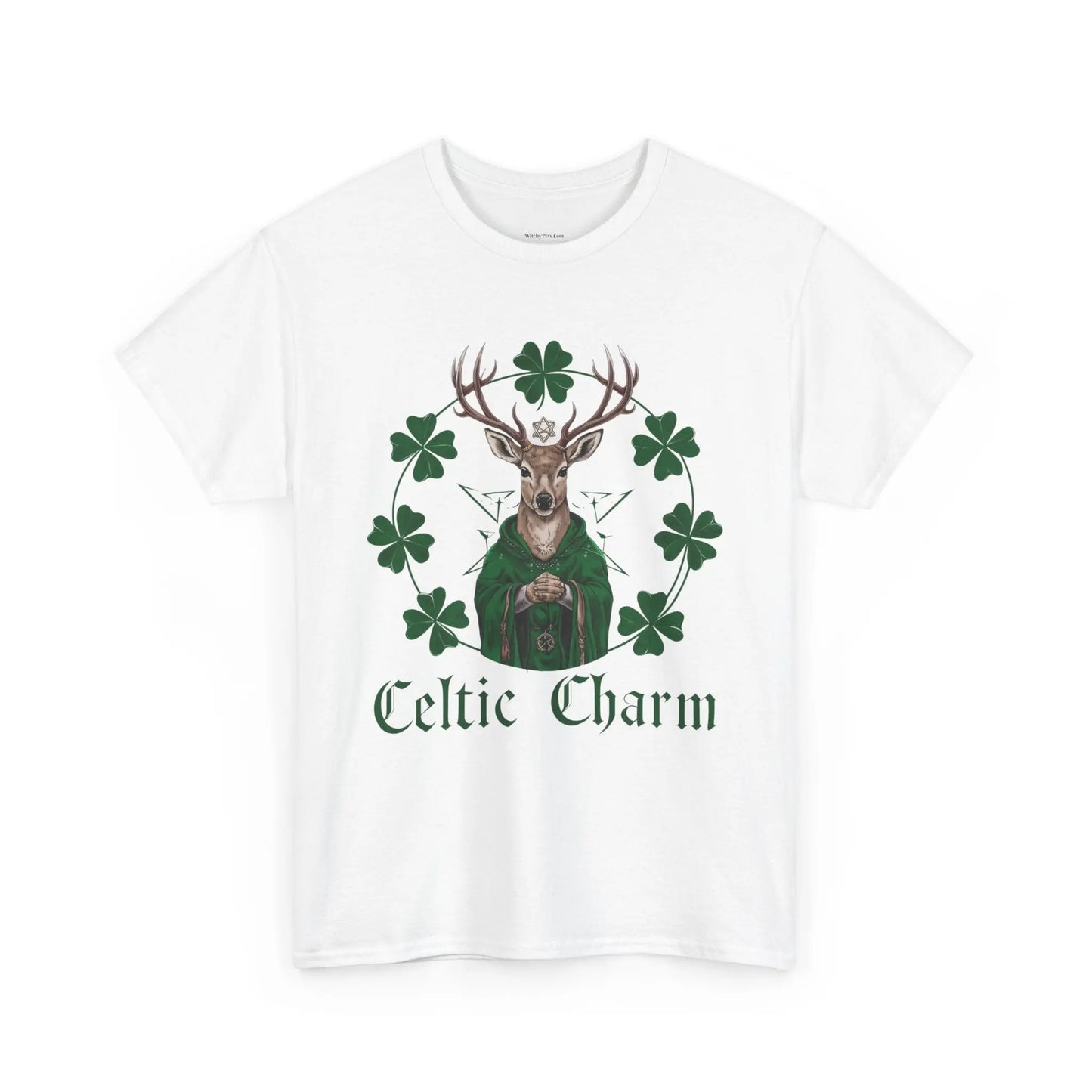 White front view tee featuring a Celtic deer St. Patty Day design with four-leaf clovers. witchypets.com