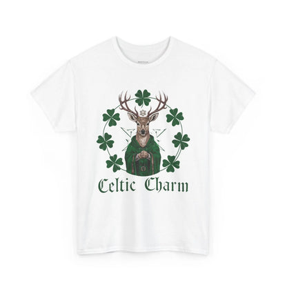 White front view tee featuring a Celtic deer St. Patty Day design with four-leaf clovers. witchypets.com