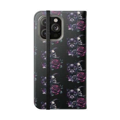 Gothic Floral Flip Case with Cats and Skulls Printify