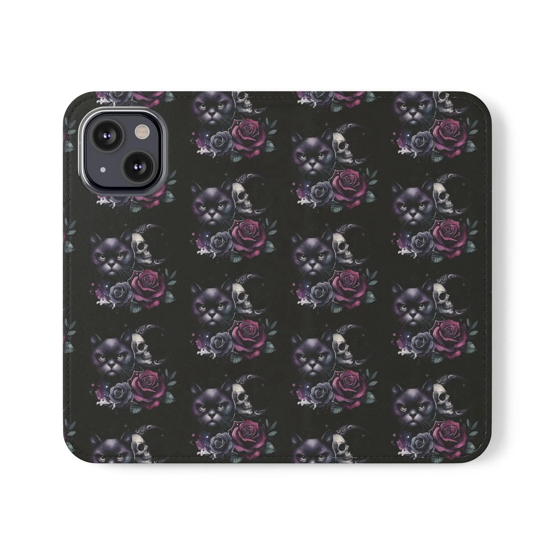 Gothic Floral Flip Case with Cats and Skulls Printify