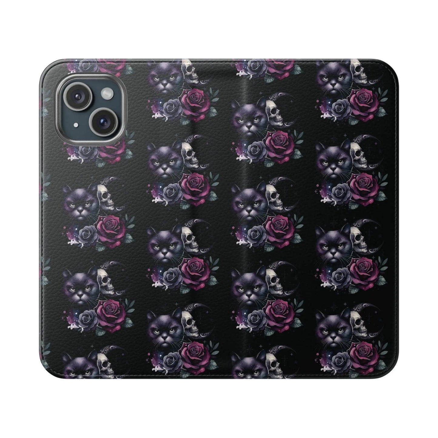 Gothic Floral Flip Case with Cats and Skulls Printify