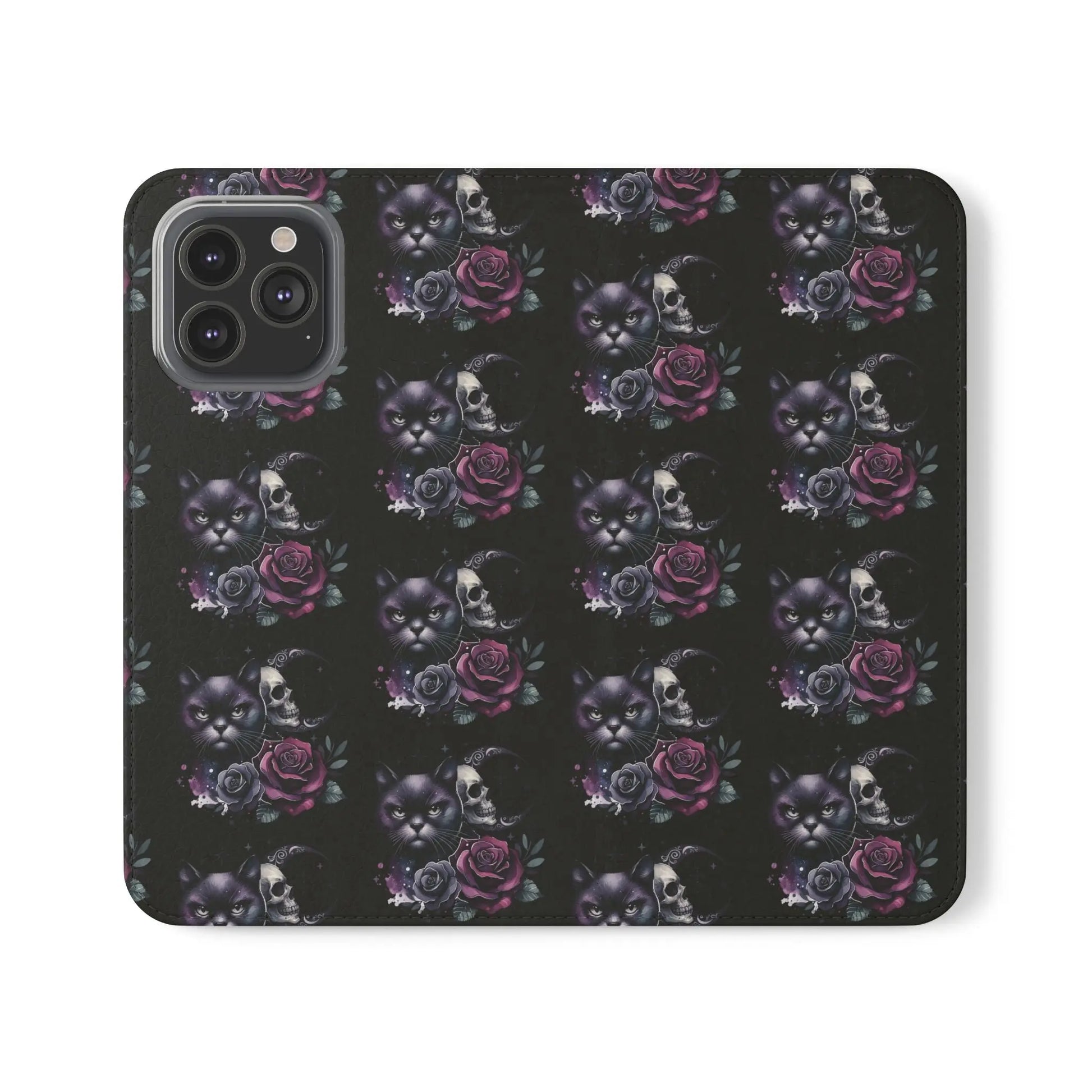 Gothic Floral Flip Case with Cats and Skulls Printify