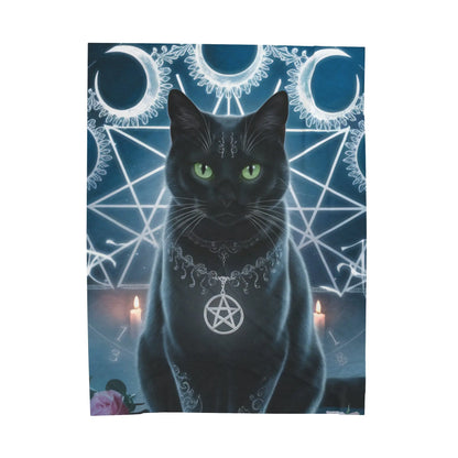 Blue & Black Pagan Design Blanket with Black Cat & Pendulum Necklace Printify