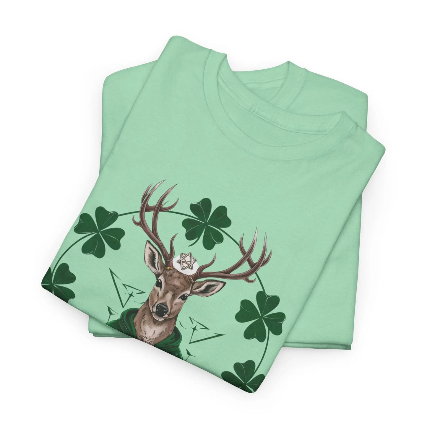 Folded mint green tee featuring a Celtic deer St. Patty Day design with four-leaf clovers. witchypets.com