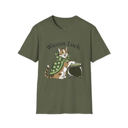 Front view of a military green  tee featuring the lucky cat design with St. Patty's Day 4-leaf clover robe and witch's cauldron - witchypets.com