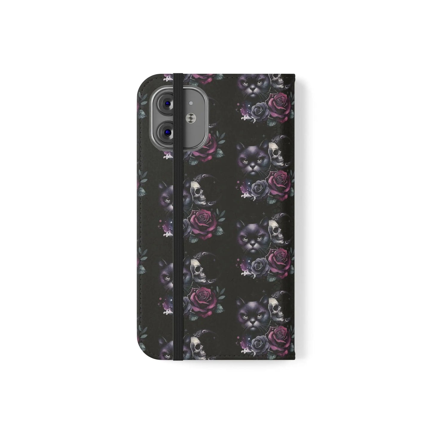 Gothic Floral Flip Case with Cats and Skulls Printify