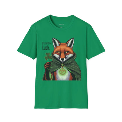 Front view of a Kelly green t-shirt featuring the Fox Luck design with a pagan fox, pentagram, four-leaf clovers, and the words 'Enchanting Luck.' witchypets.com