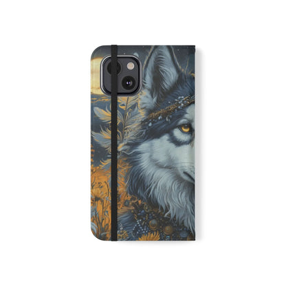 Flip phone case closed with half of the Boho Wolf Design showing. witchypets.com