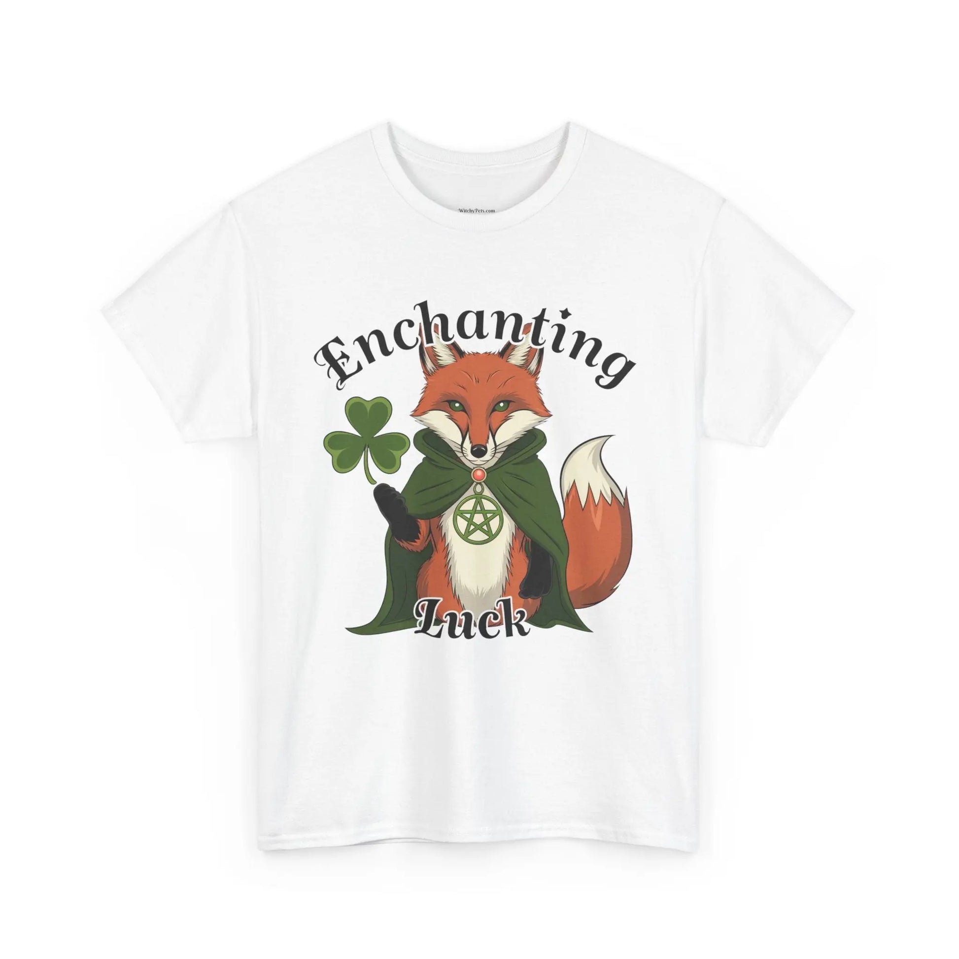 White front view tee featuring a fox with a four-leaf clover, pentagram necklace, and green robe design. witchypets.com