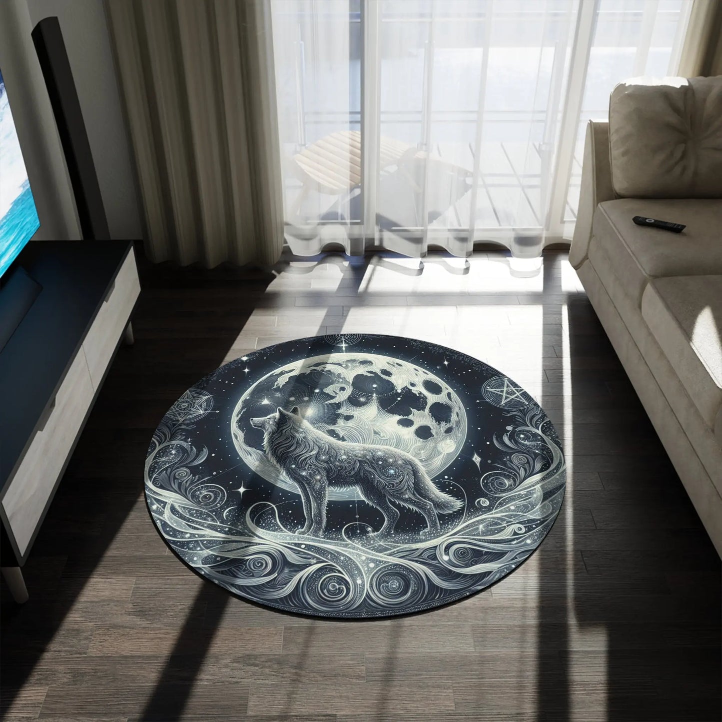 Round area rug featuring a celestial pagan wolf and moon design, elegantly placed on a living room floor with a couch and curtains in the background. A mystical and stylish addition to bohemian decor from WitchyPets.com.