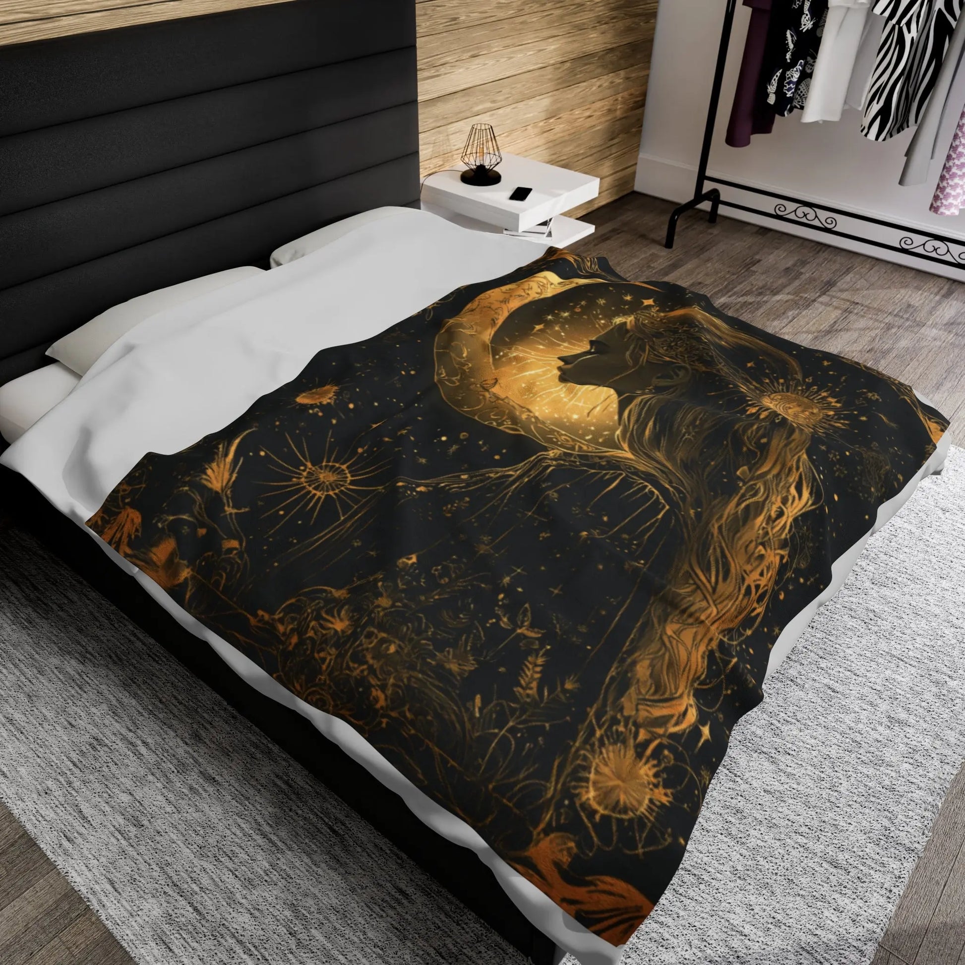 Black & Gold Celestial Pagan Design Plush Velveteen Blanket Printify