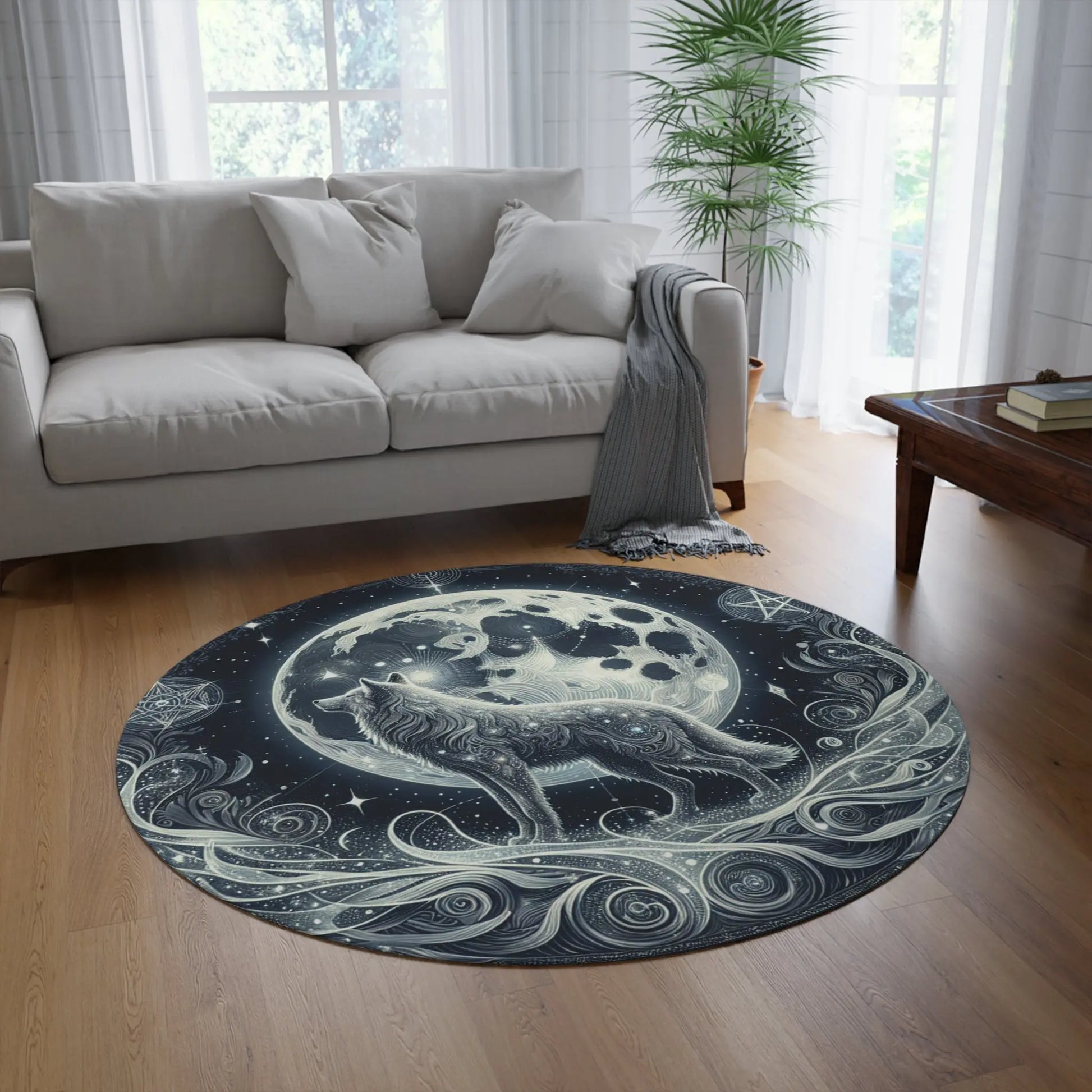 Round area rug featuring a celestial pagan wolf and moon design, elegantly placed on a living room floor with a couch and curtains in the background. A mystical and stylish addition to bohemian decor from WitchyPets.com.