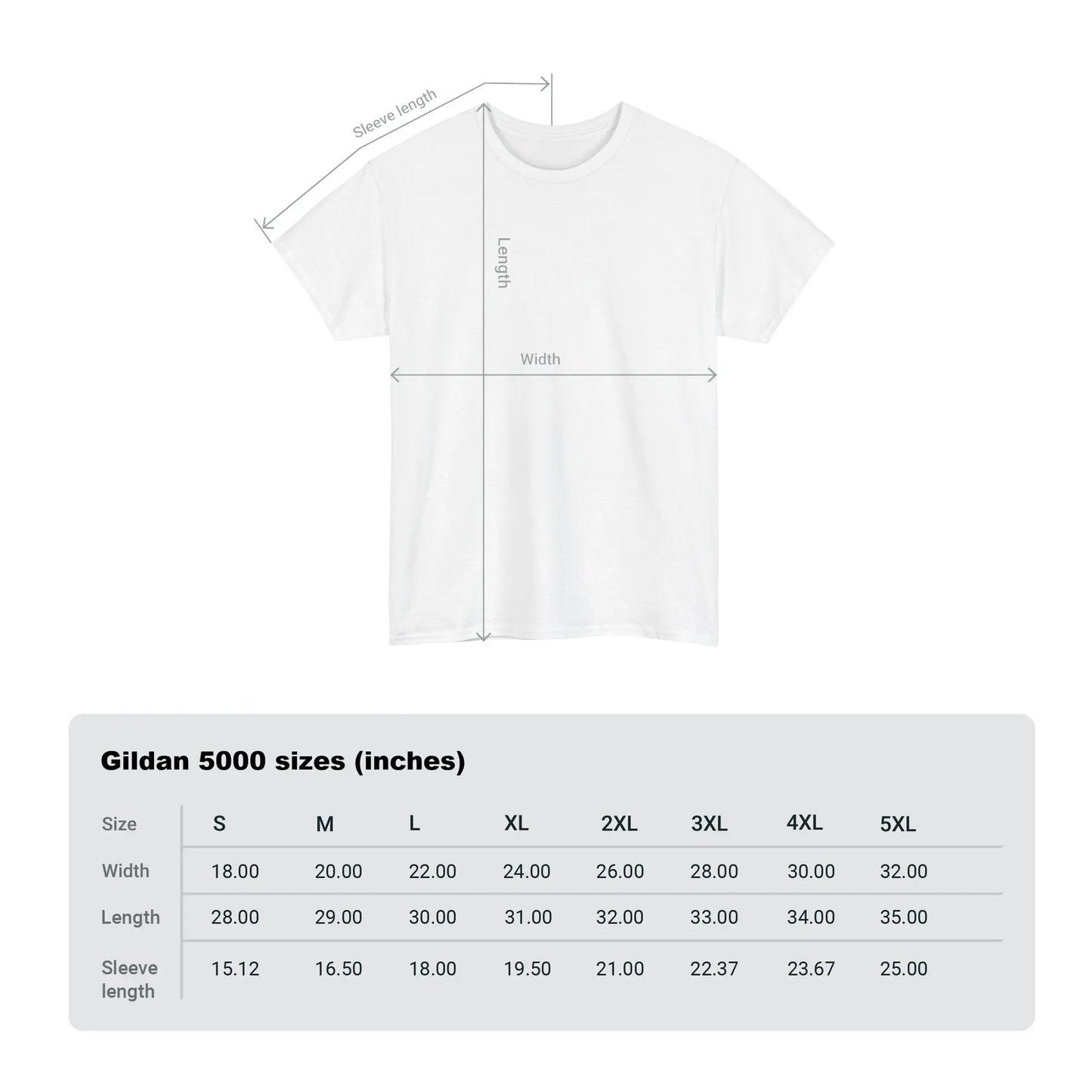 Size chart for the Gildan 5000 Heavy Cotton T-Shirt, detailing sizes from S to 5XL with corresponding chest measurements in inches and centimeters. witchypets.com