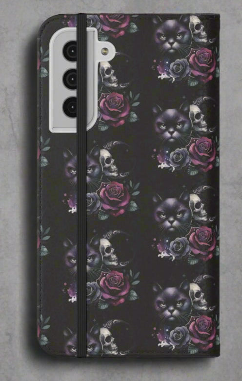 Gothic Floral Flip Case with Cats and Skulls Printify