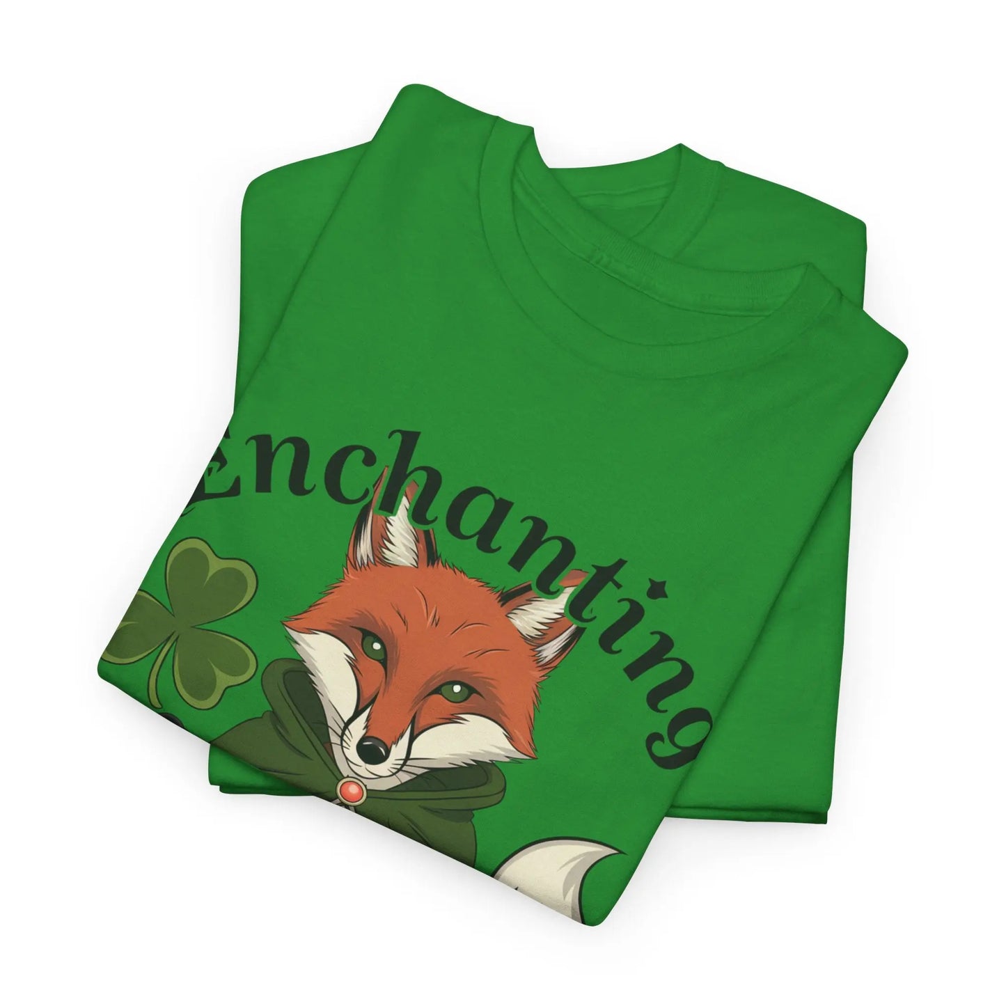 Folded Irish Green tee featuring a fox design with a four-leaf clover, pentagram necklace, and the words 'Enchanting Luck.' witchypets.com