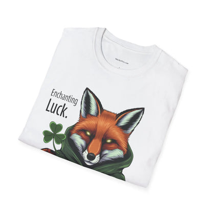 Folded white t-shirt featuring the Fox Luck design with a pagan fox, pentagram, four-leaf clovers, and the words 'Enchanting Luck.' witchypets.com