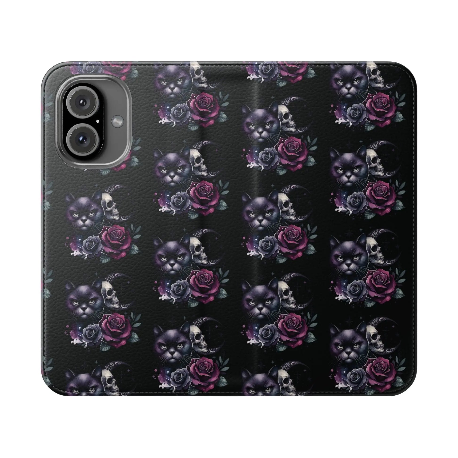 Gothic Floral Flip Case with Cats and Skulls Printify