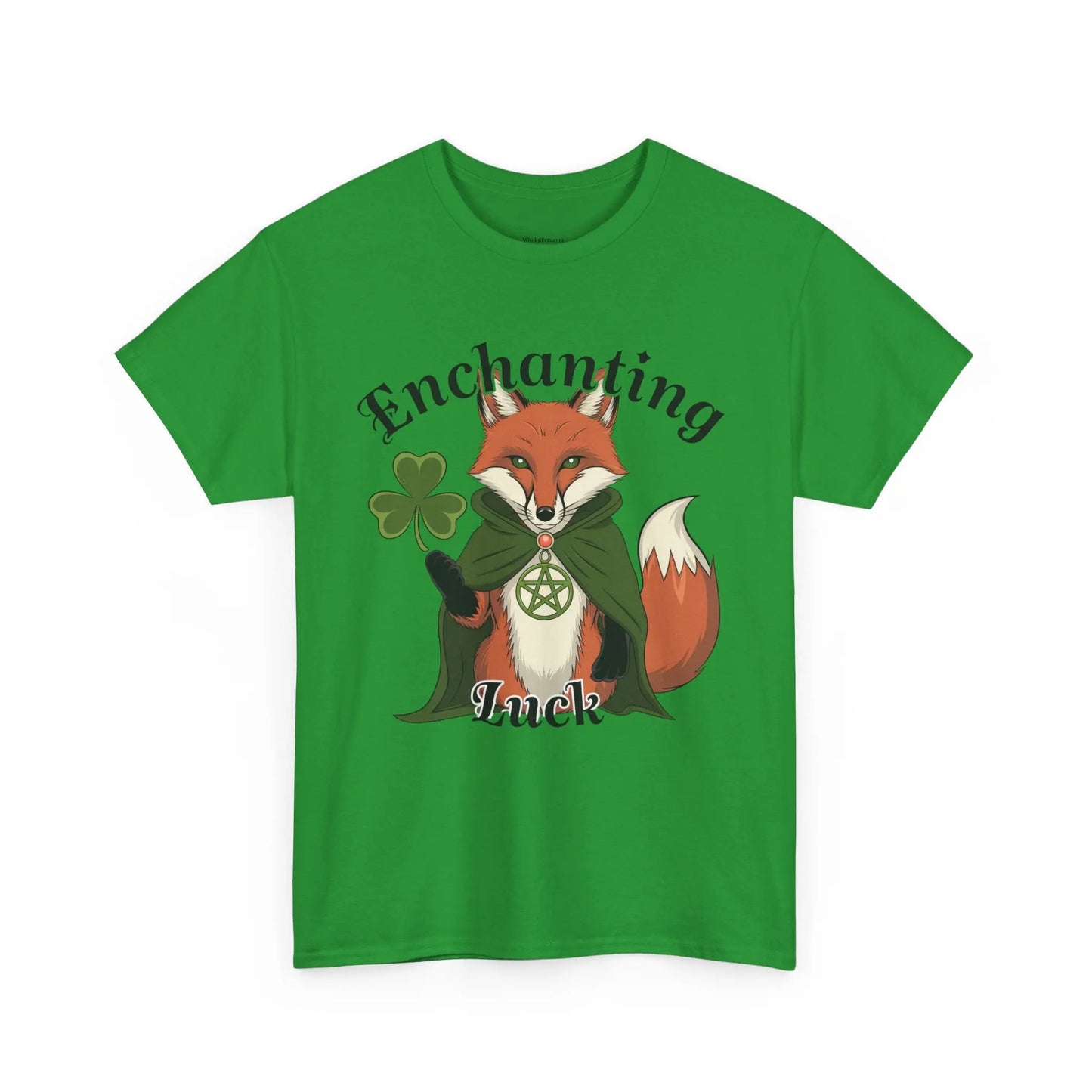 Irish green front view tee featuring a fox design with a four-leaf clover, pentagram necklace, and the words 'Enchanting Luck.' witchypets.com