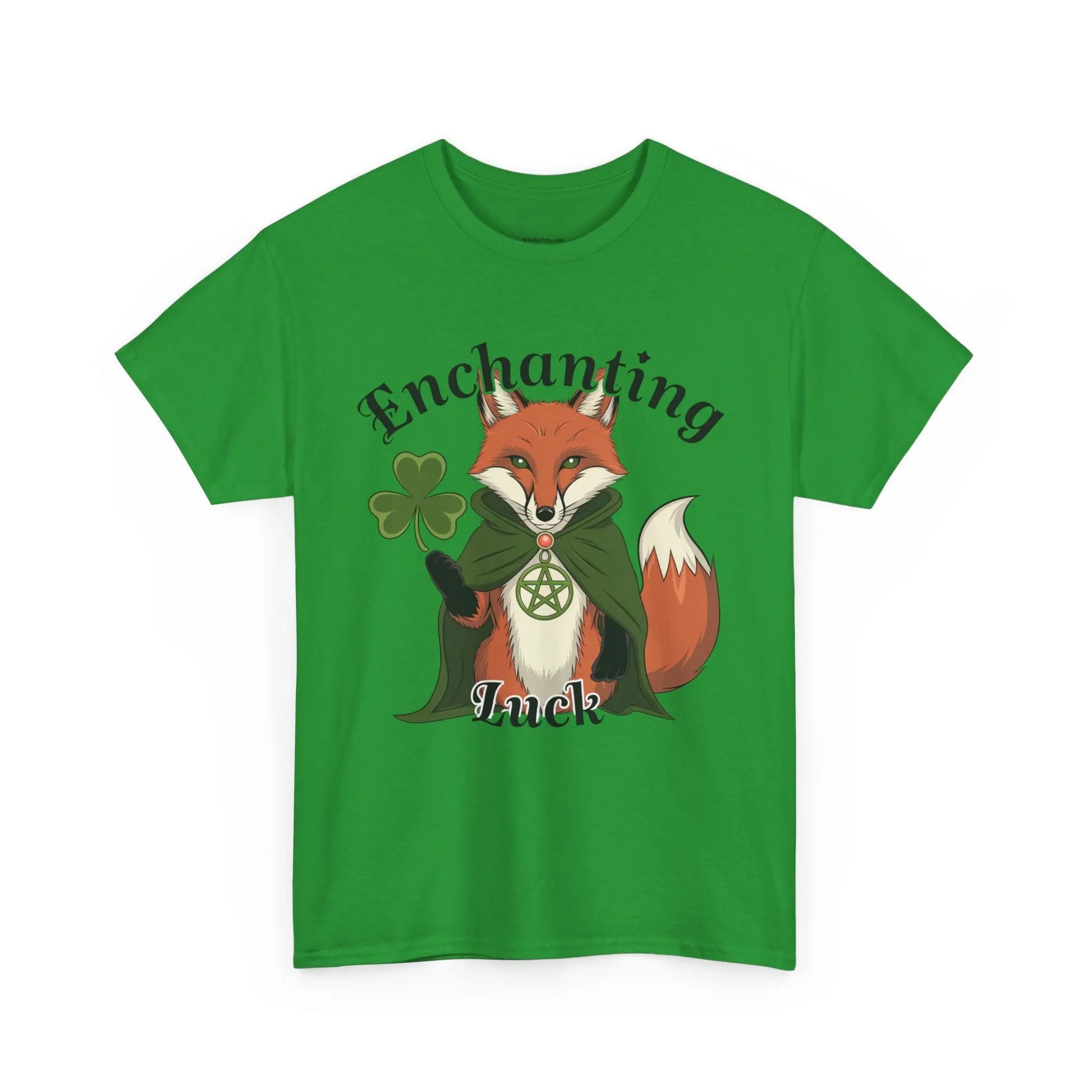 Irish green front view tee featuring a fox design with a four-leaf clover, pentagram necklace, and the words 'Enchanting Luck.' witchypets.com