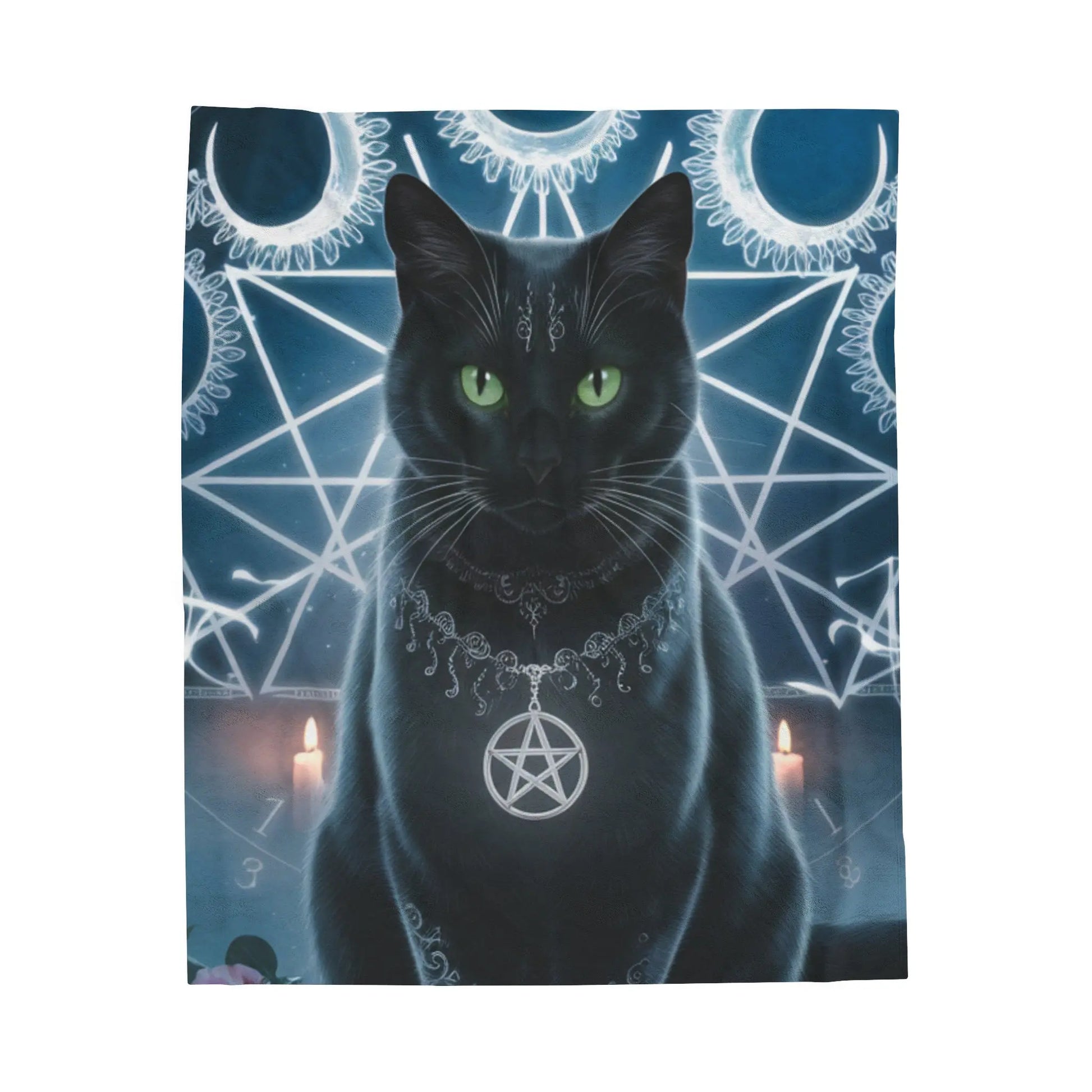 Blue & Black Pagan Design Blanket with Black Cat & Pendulum Necklace Printify