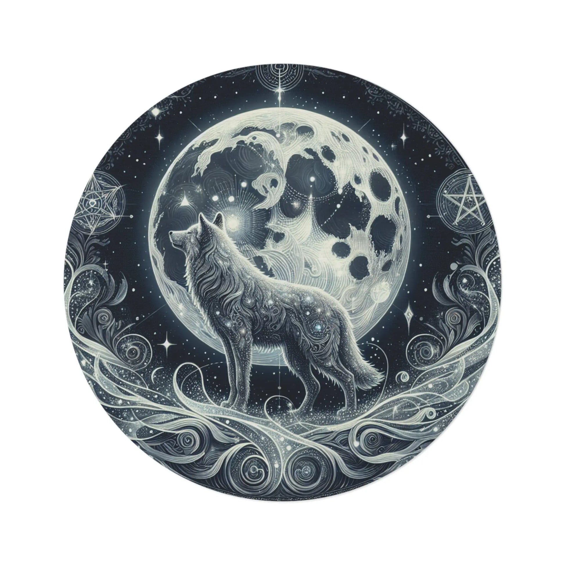 Front view of a round area rug featuring a celestial pagan wolf and moon design, displayed beautifully to highlight the intricate details and vibrant colors. A perfect piece for bohemian decor from WitchyPets.com.