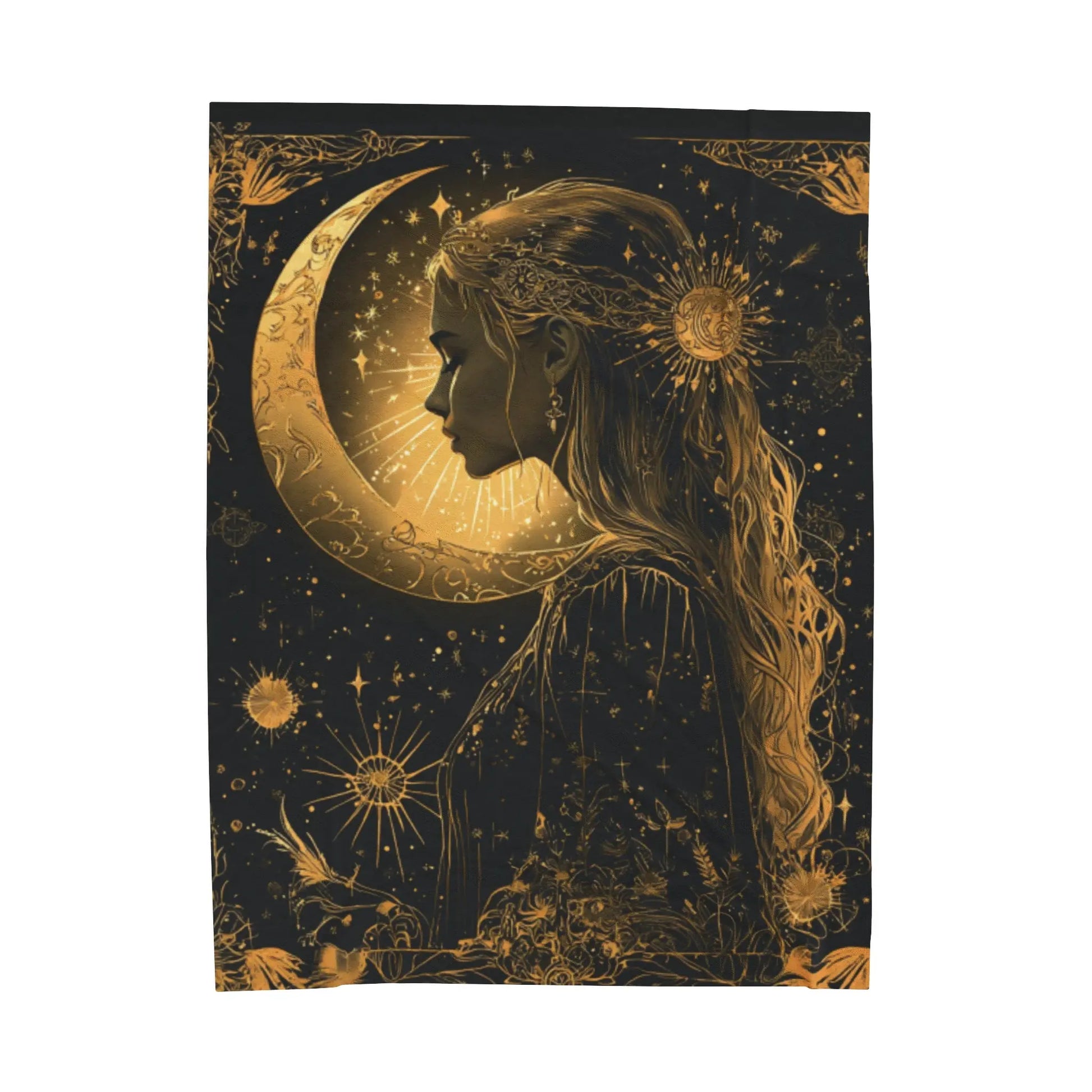 Black & Gold Celestial Pagan Design Plush Velveteen Blanket Printify