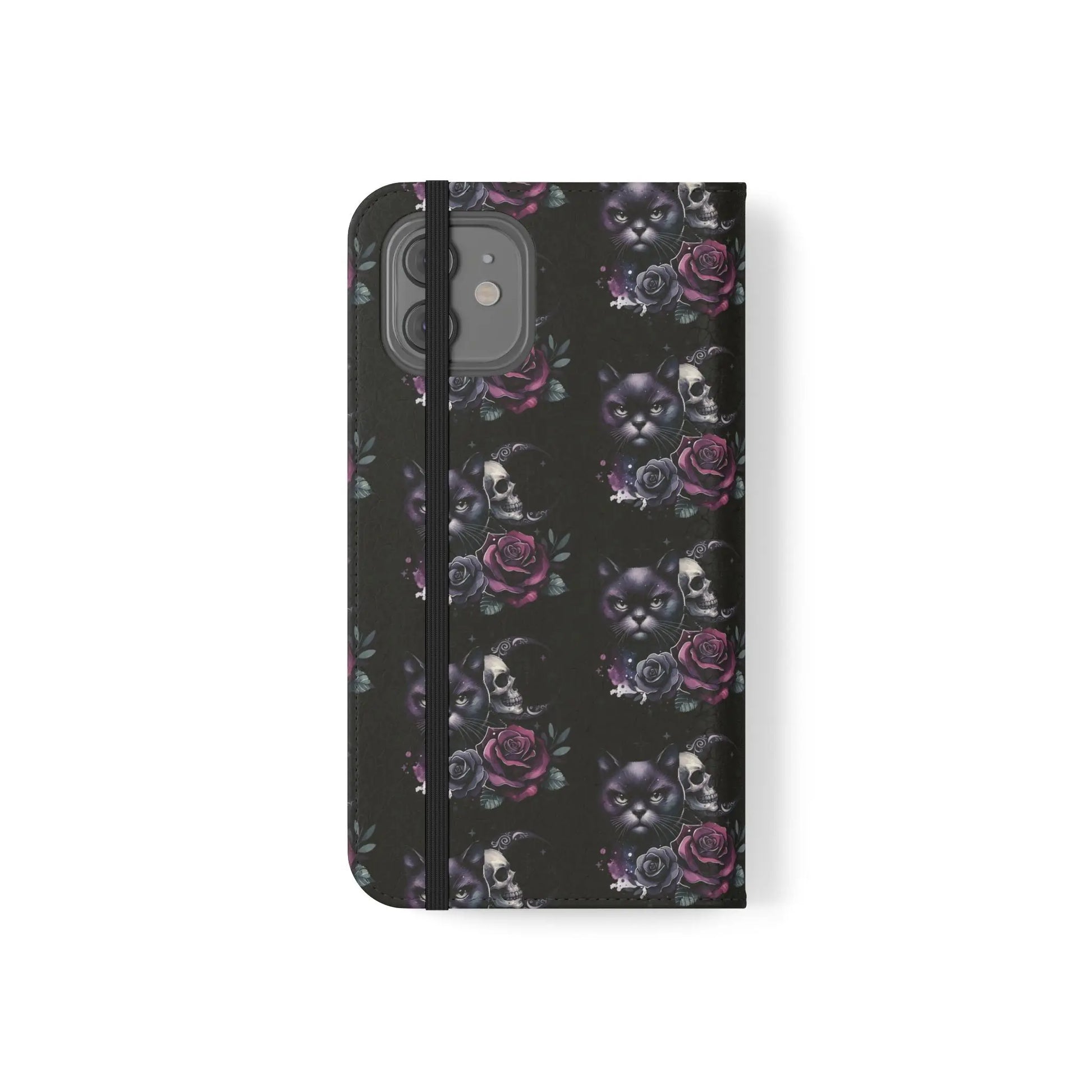 Gothic Floral Flip Case with Cats and Skulls Printify