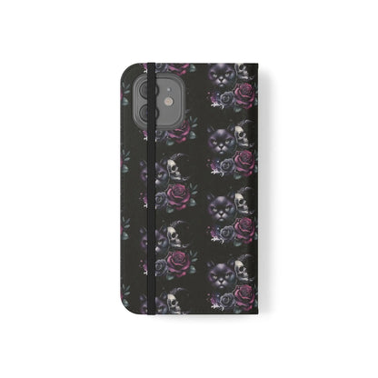 Gothic Floral Flip Case with Cats and Skulls Printify