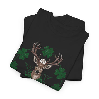 Folded black tee featuring a Celtic deer St. Patty Day design with four-leaf clovers. witchypets.com