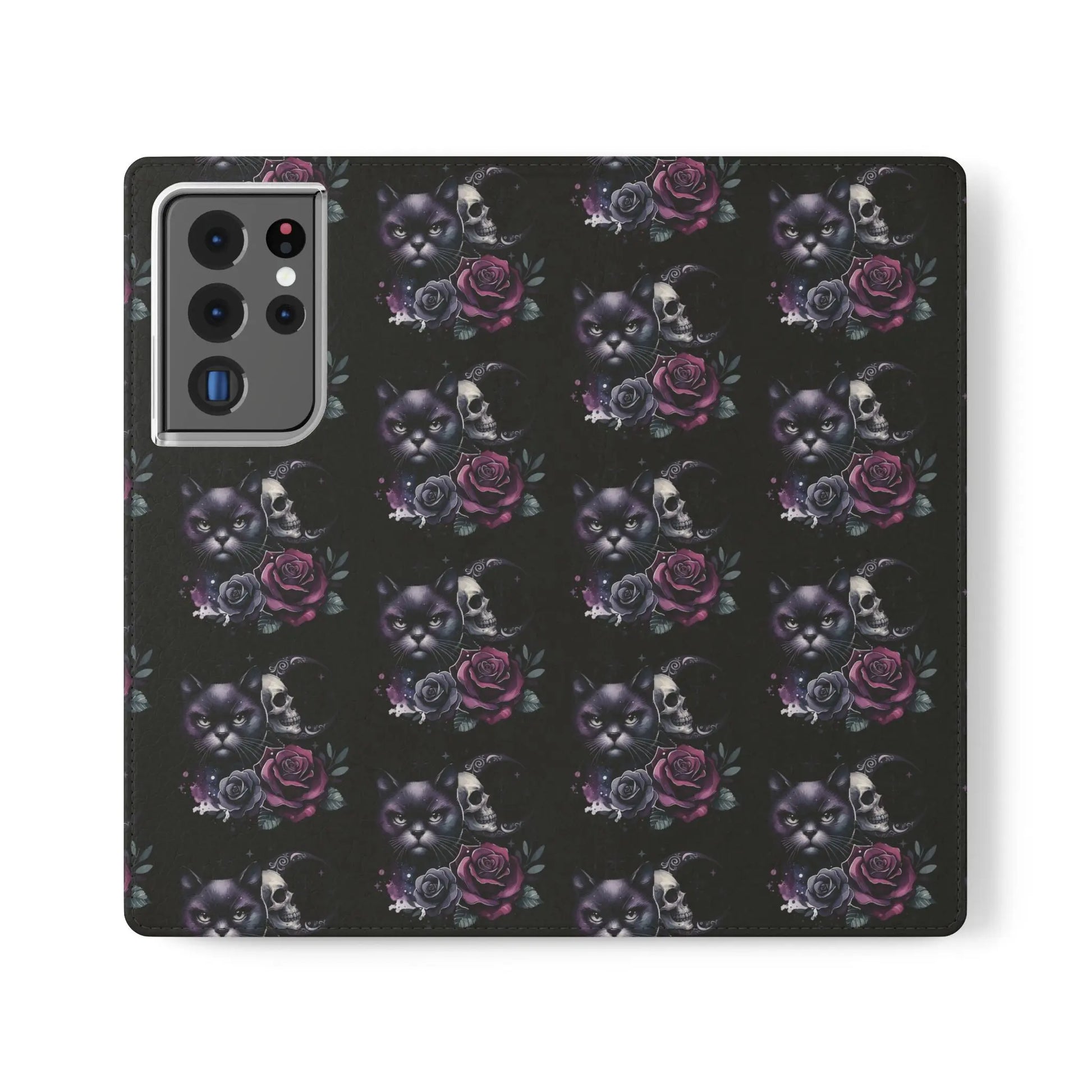 Gothic Floral Flip Case with Cats and Skulls Printify