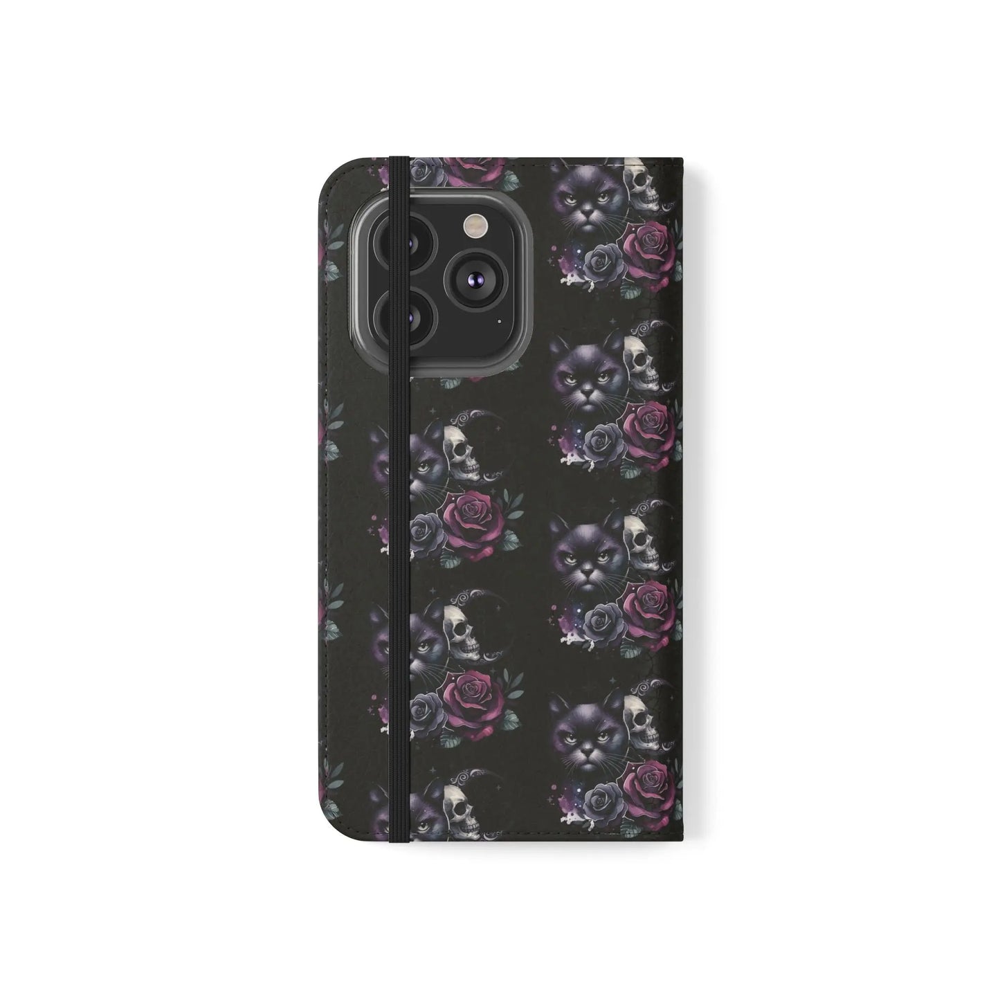 Gothic Floral Flip Case with Cats and Skulls Printify