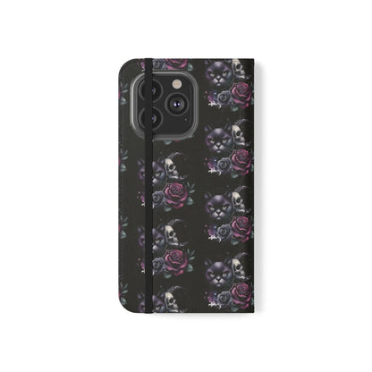 Gothic Floral Flip Case with Cats and Skulls Printify