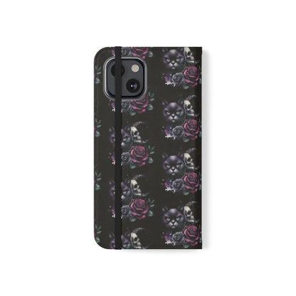 Gothic Floral Flip Case with Cats and Skulls Printify