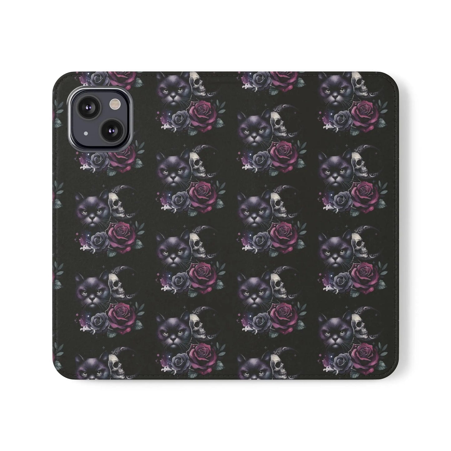 Gothic Floral Flip Case with Cats and Skulls Printify