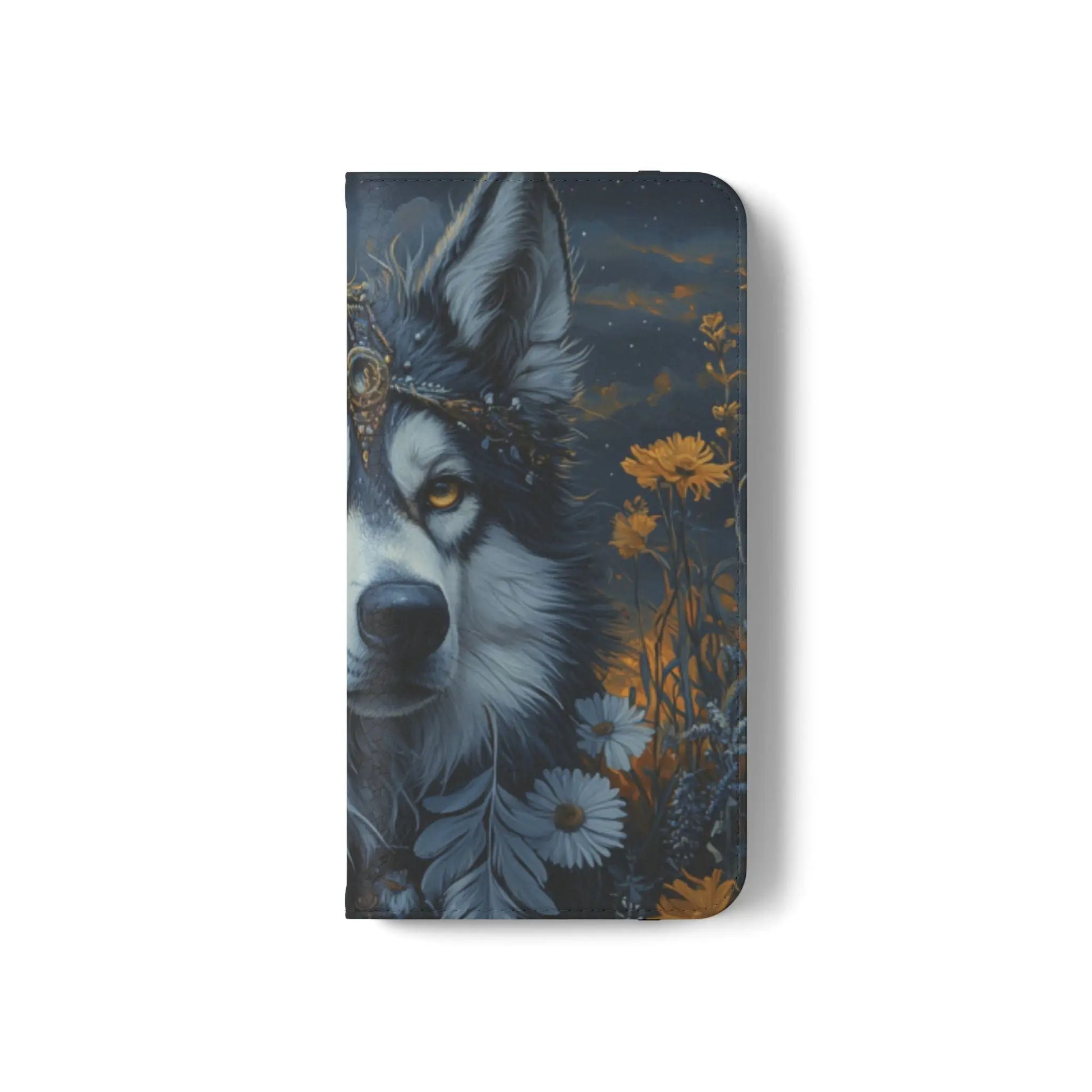 Flip phone case folded closed, showing off half of the Boho Wolf Design on the back. witchypets.com