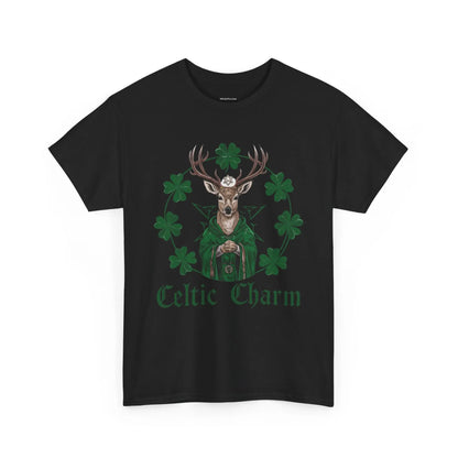 Black front view tee featuring a Celtic deer St. Patty Day design with four-leaf clovers. witchypets.com"