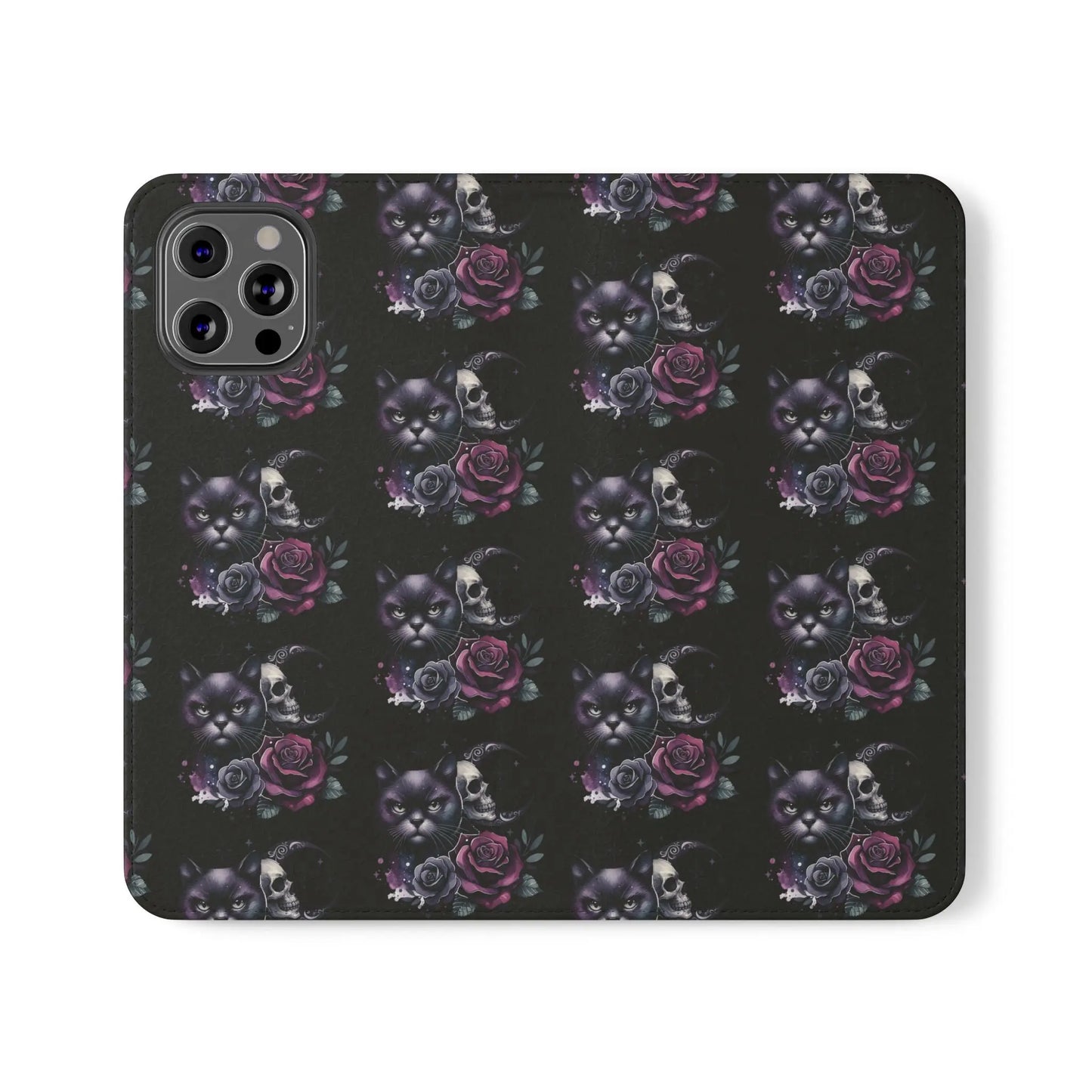 Gothic Floral Flip Case with Cats and Skulls Printify