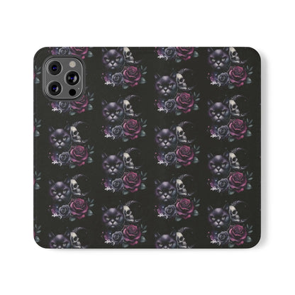 Gothic Floral Flip Case with Cats and Skulls Printify