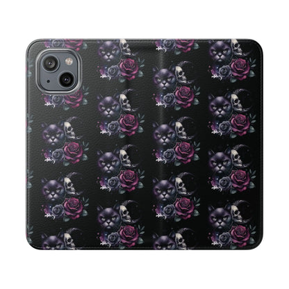 Gothic Floral Flip Case with Cats and Skulls Printify