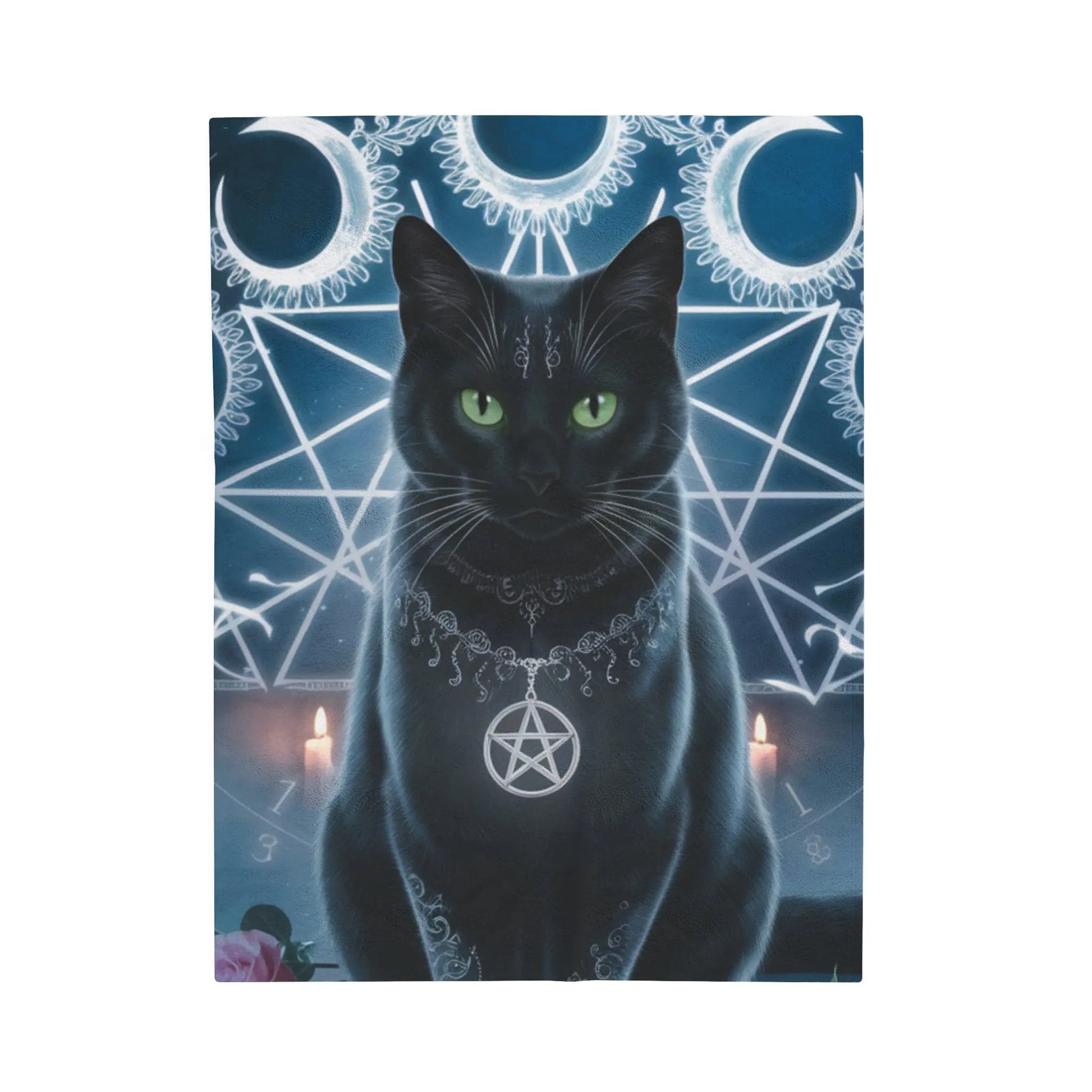 Blue & Black Pagan Design Blanket with Black Cat & Pendulum Necklace Printify