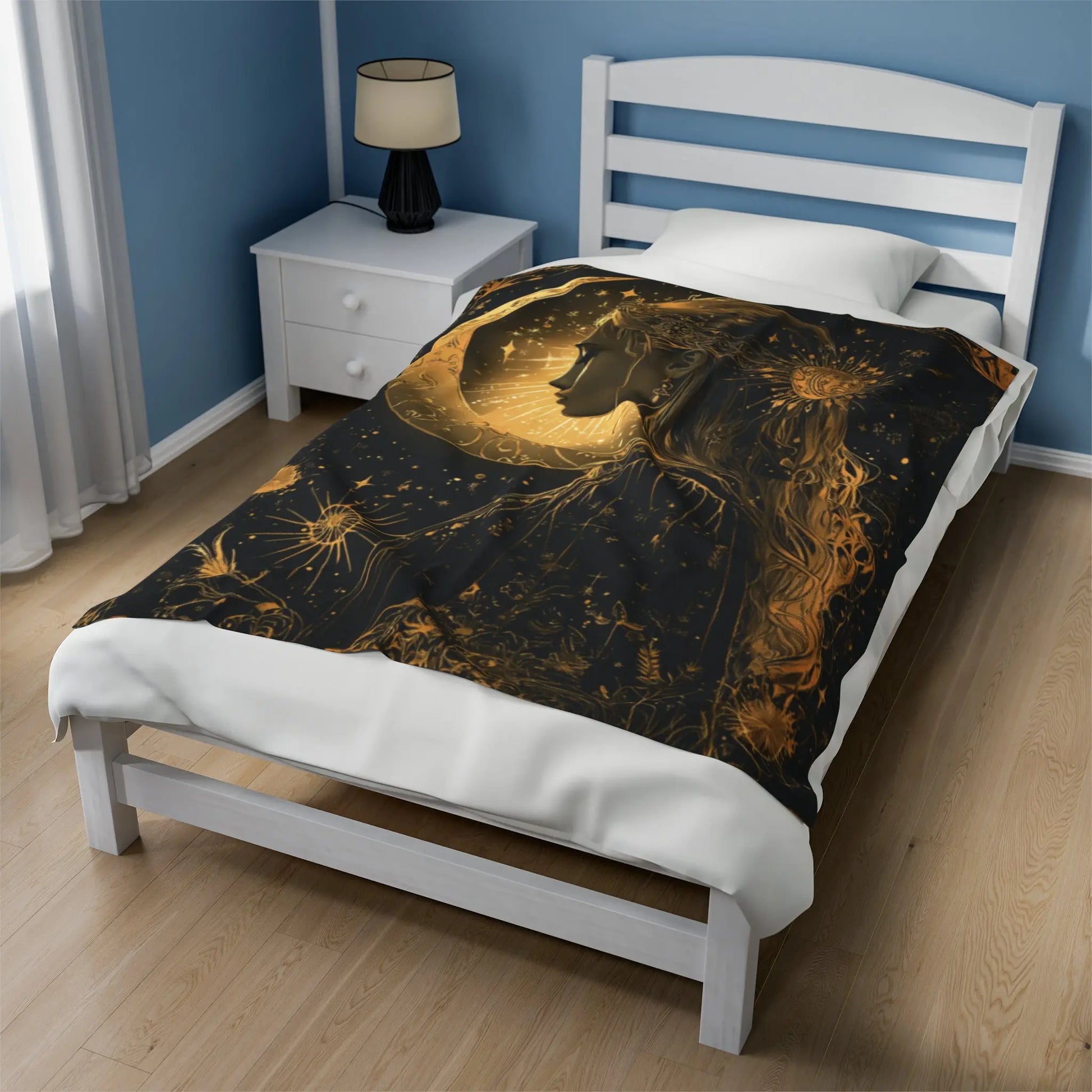 Black & Gold Celestial Pagan Design Plush Velveteen Blanket Printify