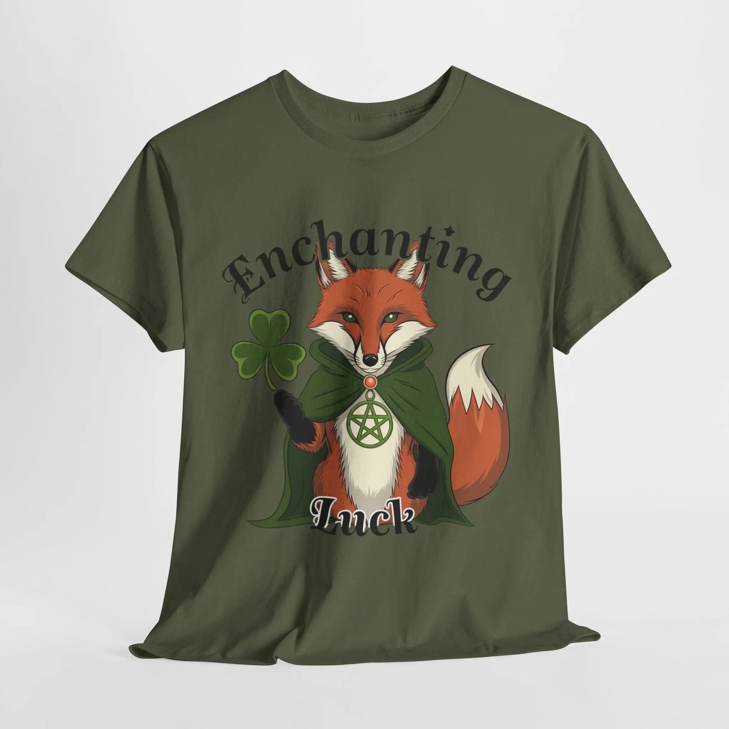 Military green tee, loosely front view, featuring a fox design with a four-leaf clover, pentagram necklace, and the words 'Enchanting Luck.' witchypets.com