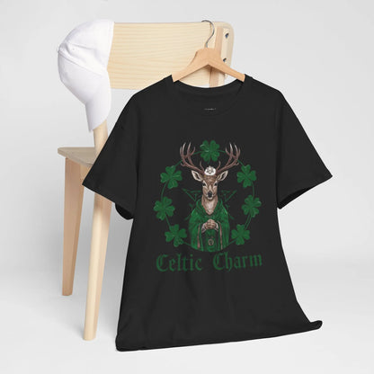 Black tee featuring a Celtic deer St. Patty Day design, hanging behind a chair in a mockup setting. witchypets.com