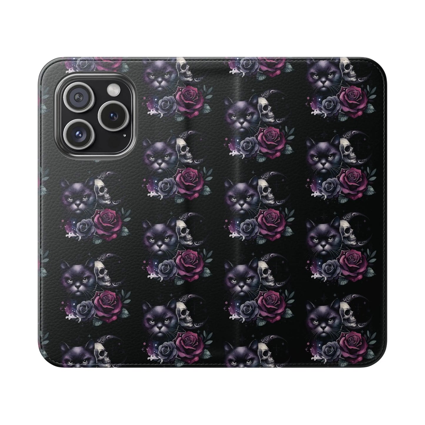 Gothic Floral Flip Case with Cats and Skulls Printify