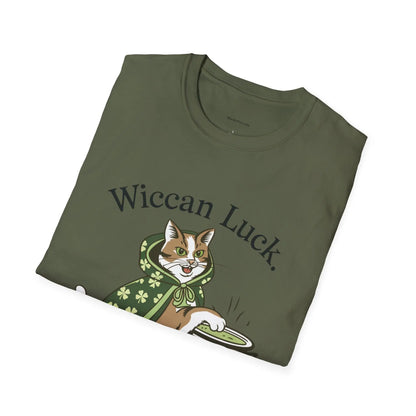  Folded military green tee featuring the lucky cat design with St. Patty's Day 4-leaf clover robe and witch's cauldron - witchypets.com