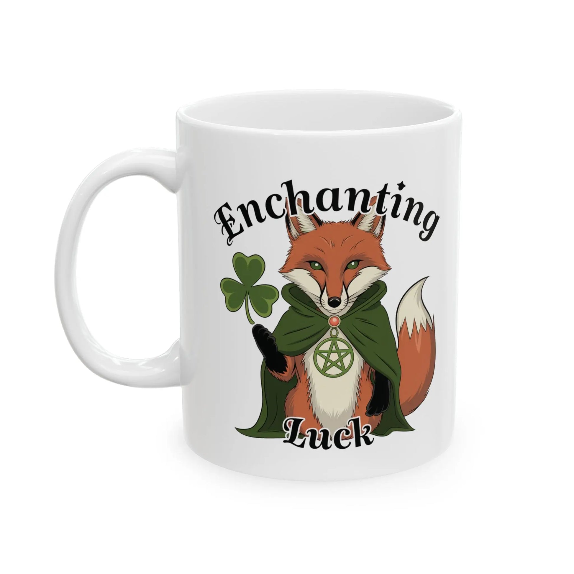 Side view of a White 11oz fox mug showcasing a mystical pagan fox adorned with clovers and a pentagram necklace.