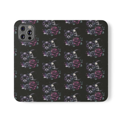 Gothic Floral Flip Case with Cats and Skulls Printify