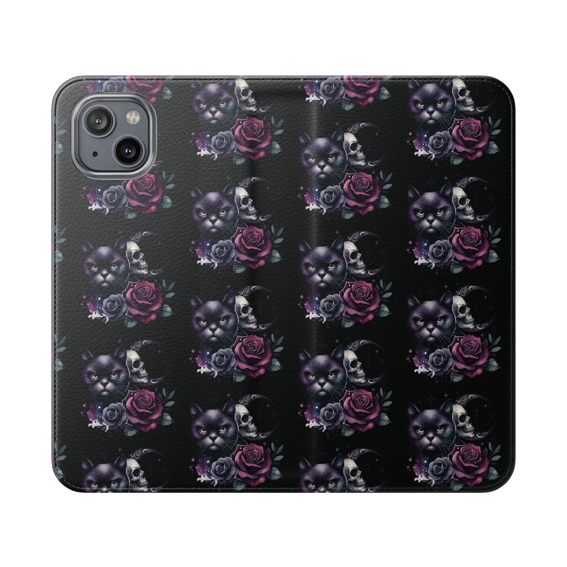 Gothic Floral Flip Case with Cats and Skulls Printify