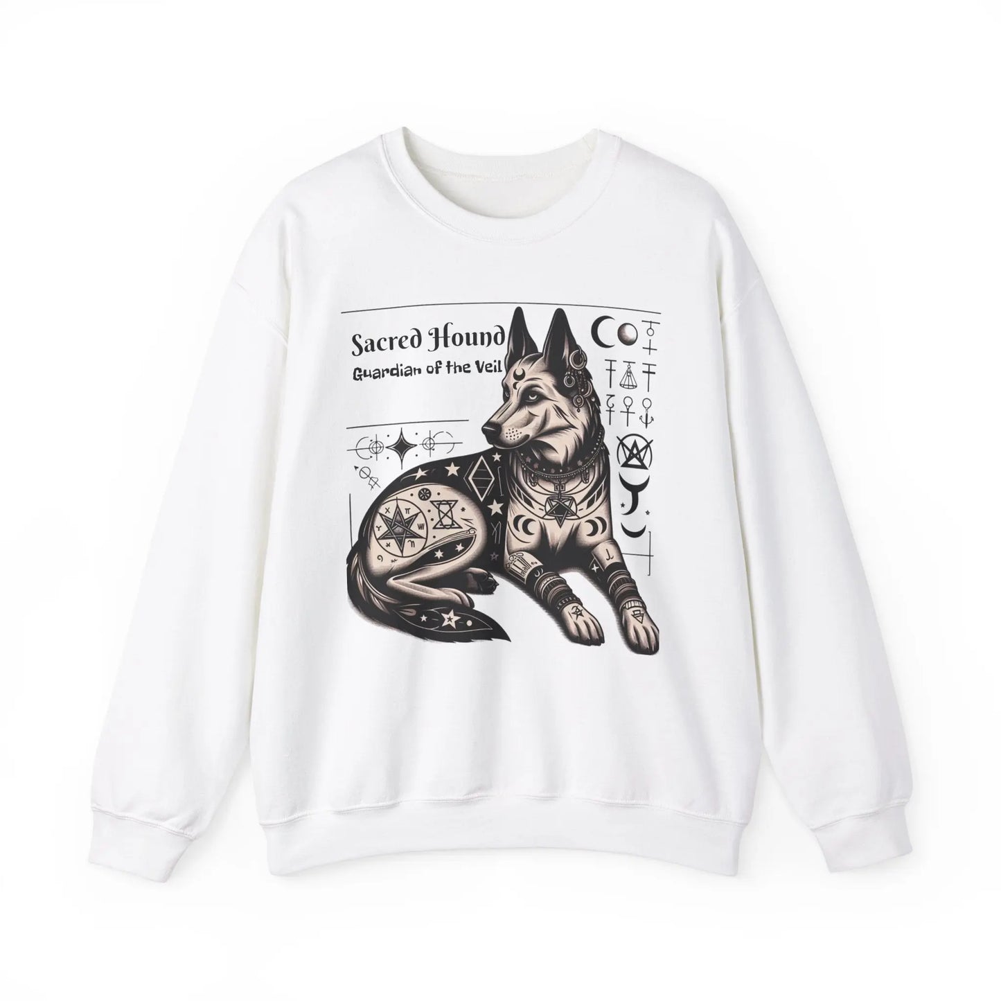 Front view of a white sweatshirt with a pagan sacred hound design. Witchypets.com