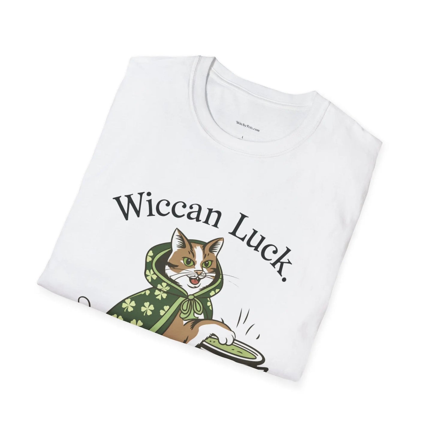 Folded white tee featuring the lucky cat design with St. Patty's Day 4-leaf clover robe and witch's cauldron - witchypets.com